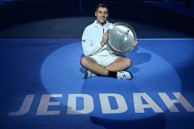 Medjedovic Wins Next Gen ATP, Tennis Herren Finals - Jeddah Hamad Medjedovic (SER) during the final at the 2023 Next Gen ATP Finals in Jeddah, SAUDI ARABIA, on December 2, 2023. Photo by Corinne Dubreuil ABACAPRESS.COM Jeddah Saudi Arabia  Copyright: xDubreuilxCorinne ABACAx