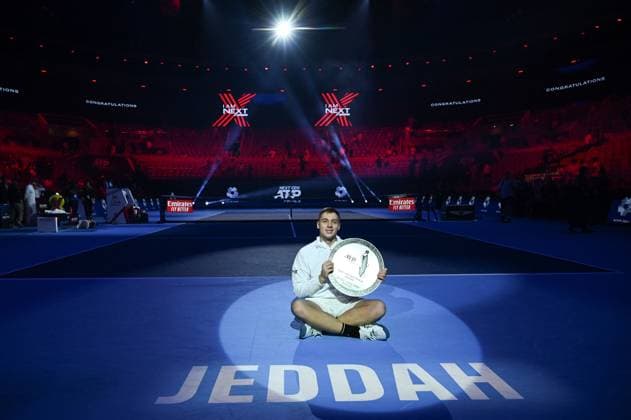 Medjedovic Wins Next Gen ATP, Tennis Herren Finals - Jeddah Hamad Medjedovic (SER) during the final at the 2023 Next Gen ATP Finals in Jeddah, SAUDI ARABIA, on December 2, 2023. Photo by Corinne Dubreuil ABACAPRESS.COM Jeddah Saudi Arabia  Copyright: xDubreuilxCorinne ABACAx