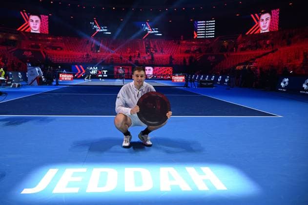 Medjedovic Wins Next Gen ATP, Tennis Herren Finals - Jeddah Hamad Medjedovic (SER) during the final at the 2023 Next Gen ATP Finals in Jeddah, SAUDI ARABIA, on December 2, 2023. Photo by Corinne Dubreuil ABACAPRESS.COM Jeddah Saudi Arabia  Copyright: xDubreuilxCorinne ABACAx