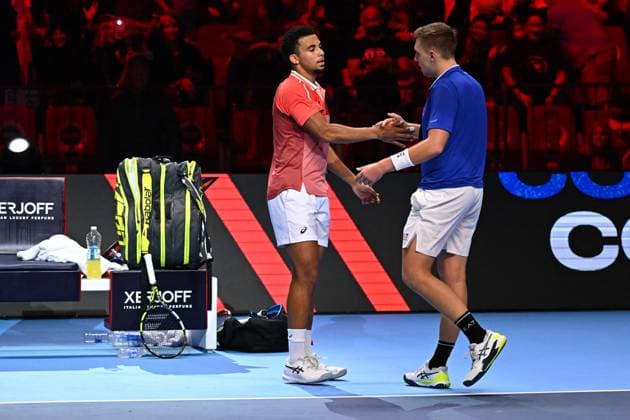Medjedovic Wins Next Gen ATP, Tennis Herren Finals - Jeddah Arthur Fils (FRA) with Hamad Medjedovic (SER)during the final at the 2023 Next Gen ATP Finals in Jeddah, SAUDI ARABIA, on December 2, 2023. Photo by Corinne Dubreuil ABACAPRESS.COM Jeddah Saudi Arabia  Copyright: xDubreuilxCorinne ABACAx