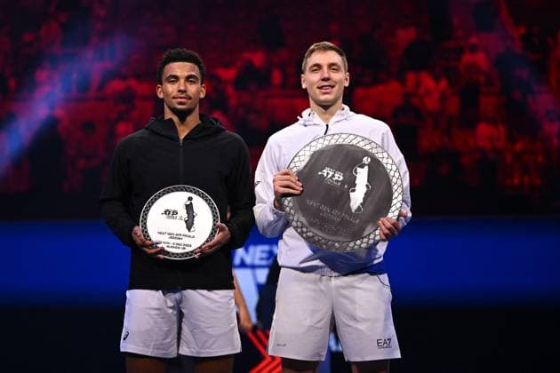 Medjedovic Wins Next Gen ATP, Tennis Herren Finals - Jeddah Arthur Fils (FRA) with Hamad Medjedovic (SER)during the final at the 2023 Next Gen ATP Finals in Jeddah, SAUDI ARABIA, on December 2, 2023. Photo by Corinne Dubreuil ABACAPRESS.COM Jeddah Saudi Arabia  Copyright: xDubreuilxCorinne ABACAx