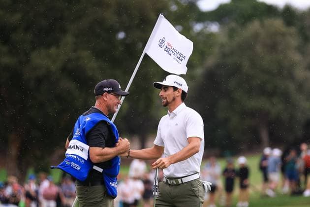 3rd December 2023; The Australian Golf Club and The Lakes Golf Club, Sydney, New South Wales, Australia; ISPS HANDA Australian Open Final Round; Joaquin Niemann and his caddie celebrate winning the men s ISPS Handa Australian Open Championship  ActionPlus12582530 KevinxManning