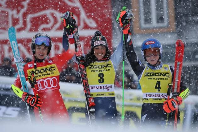 Bilder des Jahres 2023, Sport 12 Dezember Sport Themen der Woche KW48 Sport Bilder des Tages ALPINE SKIING - FIS WC Mont-Tremblant MONT-TREMBLANT,CANADA,03.DEC.23 - ALPINE SKIING - FIS World Cup, giant slalom, ladies. Image shows the rejoicing of Lara Gut-Behrami (SUI), Federica Brignone (ITA) and Mikaela Shiffrin (USA).  GEPAxpictures xMaticxKlansek