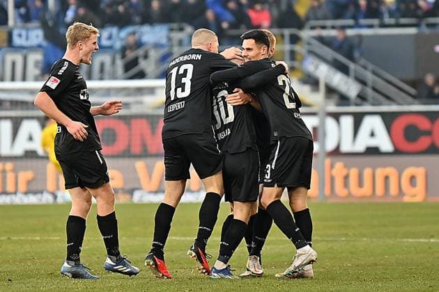Paderborn, Home Deluxe Arena, 03.12.23, GER, Herren, 2.Bundesliga, Saison 2023-2024, SC Paderborn 07 - Hannover 96 Bild: Jubel nach dem Tor zum 1:0 durch Florent MUSLIJA (Paderborn) Only for editorial use! DFL regulations prohibit any use of photographs as image sequences and or quasi-video. NRW Deutschland