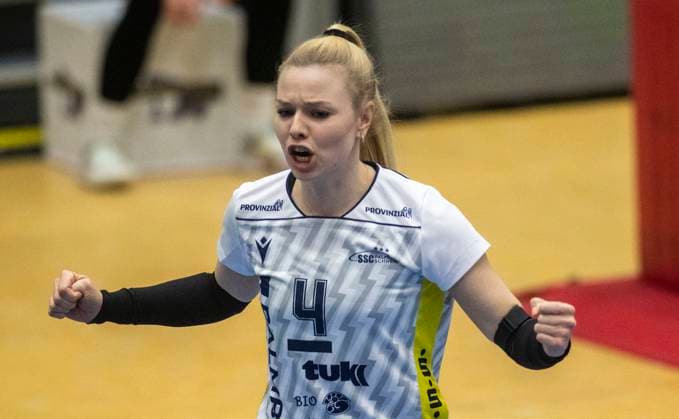5.12.2023, Volleyball, GER, Damen, CEV-Cup, Rückspiel, Saison 2023 2024, SSC Palmberg Schwerin - Dresdner SC Anna Pogany (SSC Palmberg Schwerin) jubelt. Schwerin Palmberg Arena Mecklenburg-Vorpommern Deutschland