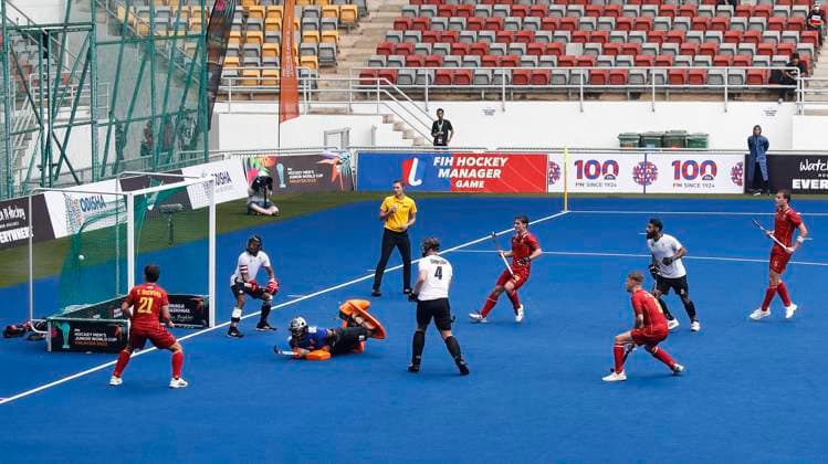 Spain Vs Canada of the FIH Hockey Men s Junior World Cup in Kuala Lumpur, Malaysia - 5 Dec, 2023 Team players of Spain react after scoring a goal during the FIH Hockey Men s Junior World Cup Malaysia 2023 match between Spain and Canada at Bukit Jalil National Hockey Stadium. Final score; Spain 7:0 Canada. Kuala Lumpur Malaysia Copyright: xWongxFokxLoyx xSOPAxImagesx 2023125_WJH_0662 copy