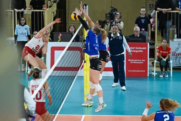 06.12.2023, Volleyball, Frauen, CEV Volleyball Challenge Cup, Achtelfinale 2023 2024 - VC Wiesbaden (Deutschland) - Galatasaray Daikin Istanbul (Türkei) Mittelblockerin Rachel Anderson (17 Wiesbaden) blockt erfolgreich den Ball. Wiesbaden Sporthalle am Platz der Deutsche Hessen Deutschland