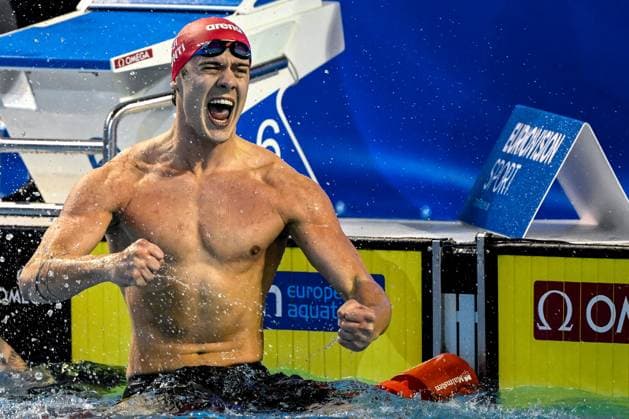 Bilder des Jahres 2023, Sport 12 Dezember Sport Themen der Woche KW49 Sport Bilder des Tages Noe Ponti of Switzerland celebrates after winning the gold medal in the 50m Butterfly Men Final during the European Short Course Swimming Championships at Complex Olimpic de NataÈ›ie Otopeni in Otopeni (Romania), December 9th, 2023. AndreaxStaccioli