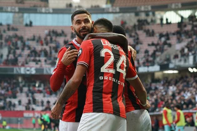 Joie - GaÃ«tan Laborde (OGC Nice) - Morgan Sanson (OGC Nice) FOOTBALL : OGC Nice vs Stade de Reims - Ligue 1 Uber Eats - Nice - 10 12 2023 NorbertScanella Panoramic 