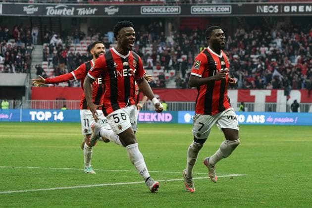 Joie - JÃ rÃ mie Boga (OGC Nice) - Youssouf Ndayishimiye (OGC Nice) FOOTBALL : OGC Nice vs Stade de Reims - Ligue 1 Uber Eats - Nice - 10 12 2023 NorbertScanella Panoramic 