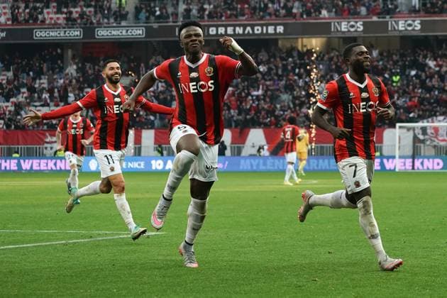 Joie - JÃ rÃ mie Boga (OGC Nice) - Youssouf Ndayishimiye (OGC Nice) FOOTBALL : OGC Nice vs Stade de Reims - Ligue 1 Uber Eats - Nice - 10 12 2023 NorbertScanella Panoramic 