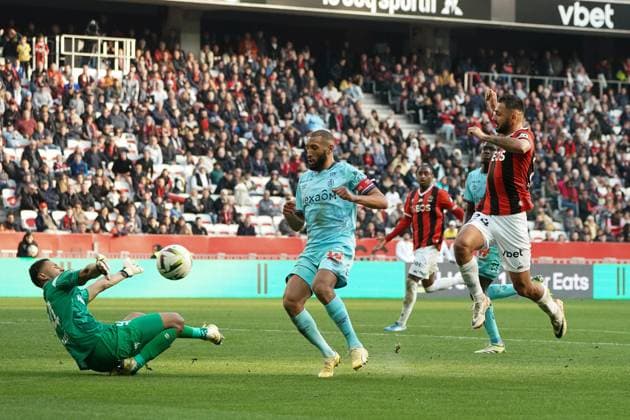 GaÃ«tan Laborde (OGC Nice) - Yunis Abdelhamid (Stade de Reims) - Yehvann Diouf (Stade de Reims) FOOTBALL : OGC Nice vs Stade de Reims - Ligue 1 Uber Eats - Nice - 10 12 2023 NorbertScanella Panoramic 