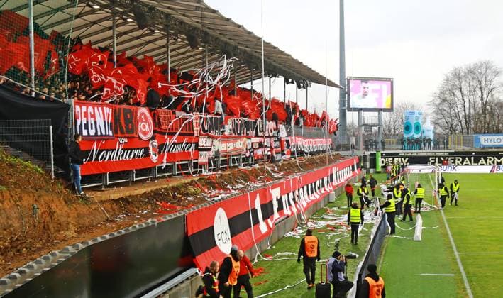 10.12.2023, xmohx, Fussball 2.Bundesliga, SV Elversberg - 1.FC Nürnberg emspor, v.l. Choreographie Nürnberg Fans (DFL DFB REGULATIONS PROHIBIT ANY USE OF PHOTOGRAPHS as IMAGE SEQUENCES and or QUASI-VIDEO) Elversberg