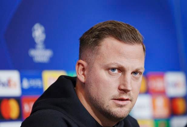 Head coach Jacob Neestrup during the FC Copenhagen press conference, PK, Pressekonferenz on Monday 11 December 2023. FC Copenhagen will meet Turkish Galatasaray in the Champions League on Tuesday. (Photo: Liselotte Sabroe Ritzau Scanpix) , Copenhagen Denmark