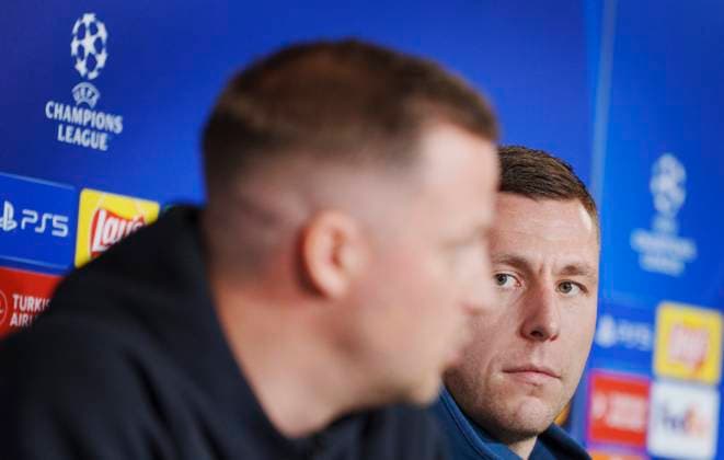 Head coach Jacob Neestrup and Lukas Lerager during the FC Copenhagen press conference, PK, Pressekonferenz on Monday 11 December 2023. FC Copenhagen will meet Turkish Galatasaray in the Champions League on Tuesday. (Photo: Liselotte Sabroe Ritzau Scanpix) , Copenhagen Denmark