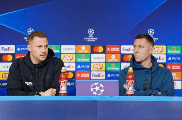 Head coach Jacob Neestrup and Lukas Lerager during the FC Copenhagen press conference, PK, Pressekonferenz on Monday 11 December 2023. FC Copenhagen will meet Turkish Galatasaray in the Champions League on Tuesday. (Photo: Liselotte Sabroe Ritzau Scanpix) , Copenhagen Denmark