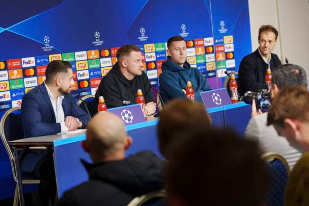 Head coach Jacob Neestrup and Lukas Lerager during the FC Copenhagen press conference, PK, Pressekonferenz on Monday 11 December 2023. FC Copenhagen will meet Turkish Galatasaray in the Champions League on Tuesday. (Photo: Liselotte Sabroe Ritzau Scanpix) , Copenhagen Denmark