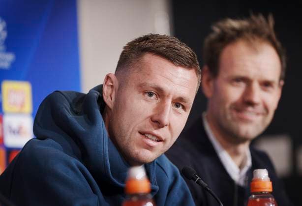 Head coach Jacob Neestrup and Lukas Lerager during the FC Copenhagen press conference, PK, Pressekonferenz on Monday 11 December 2023. FC Copenhagen will meet Turkish Galatasaray in the Champions League on Tuesday. (Photo: Liselotte Sabroe Ritzau Scanpix) , Copenhagen Denmark