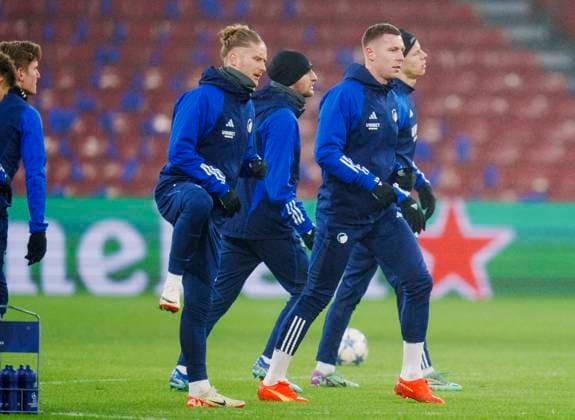 Lukas Lerager and Christian Soerensen during FC Copenhagen training on Monday 11 December 2023. FC Copenhagen will meet Turkish Galatasaray in the Champions League on Tuesday. (Photo: Liselotte Sabroe Ritzau Scanpix) , Copenhagen Denmark