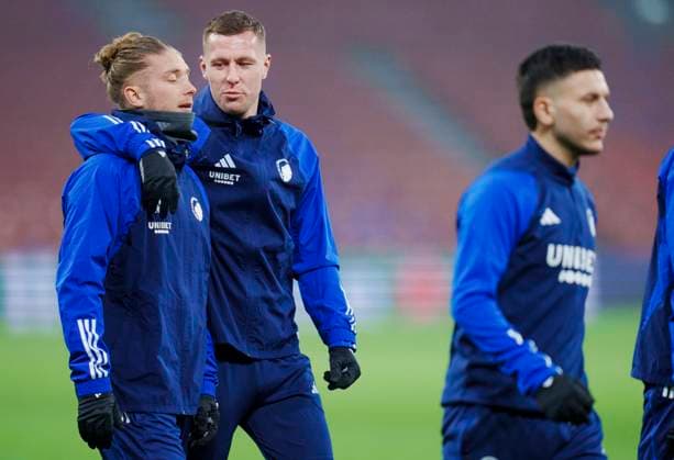 Lukas Lerager(C), Christian Soerensen and Roony Bardghji(r) during FC Copenhagen training on Monday 11 December 2023. FC Copenhagen will meet Turkish Galatasaray in the Champions League on Tuesday. (Photo: Liselotte Sabroe Ritzau Scanpix) , Copenhagen Denmark