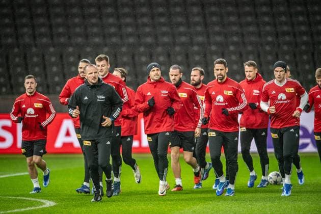 UEFA Champions League: Pressekonferenz und Training 1. FC Union Berlin. Berlin, 11.12.2023 Josip Juranovic (1. FC Union Berlin, 18), Kevin Volland (1. FC Union Berlin, 10), Rani Khedira (1. FC Union Berlin, 8), Robin Gosens (1. FC Union Berlin, 6) UEFA Champions League: Pressekonferenz und Training 1. FC Union Berlin vor dem Spiel 1. FC Union Berlin vs Real Madrid, Olympiastadion, Berlin, 11.12.2023 Copyright: xBEAUTIFULxSPORTS LucianoxLimax