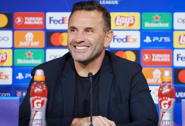 Galatasaray with head coach Okan Buruk give a press conference, PK, Pressekonferenz on Monday 11 December 2023 in Copenhagen. Galatasaray meets FC Copenhagen in the Champions League in the Park on Tuesday.. (Photo: Liselotte Sabroe Ritzau Scanpix) , Copenhagen Denmark