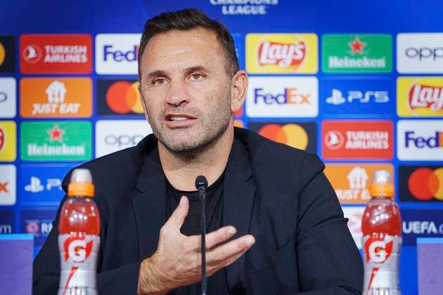 Galatasaray with head coach Okan Buruk give a press conference, PK, Pressekonferenz on Monday 11 December 2023 in Copenhagen. Galatasaray meets FC Copenhagen in the Champions League in the Park on Tuesday.. (Photo: Liselotte Sabroe Ritzau Scanpix) , Copenhagen Denmark
