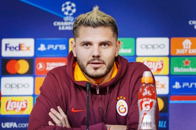 Galatasaray with Mauro Icardi and the head coach give a press conference, PK, Pressekonferenz on Monday 11 December 2023 in Copenhagen. Galatasaray meets FC Copenhagen in the Champions League in the Park on Tuesday.. (Photo: Liselotte Sabroe Ritzau Scanpix) , Copenhagen Denmark