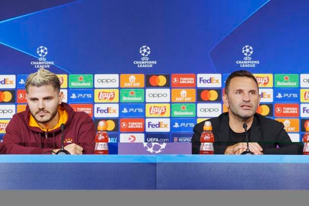 Galatasaray with head coach Okan Buruk (right) and Mauro Icardi give a press conference, PK, Pressekonferenz on Monday 11 December 2023 in Copenhagen. Galatasaray meets FC Copenhagen in the Champions League in the Park on Tuesday.. (Photo: Liselotte Sabroe Ritzau Scanpix) , Copenhagen Denmark