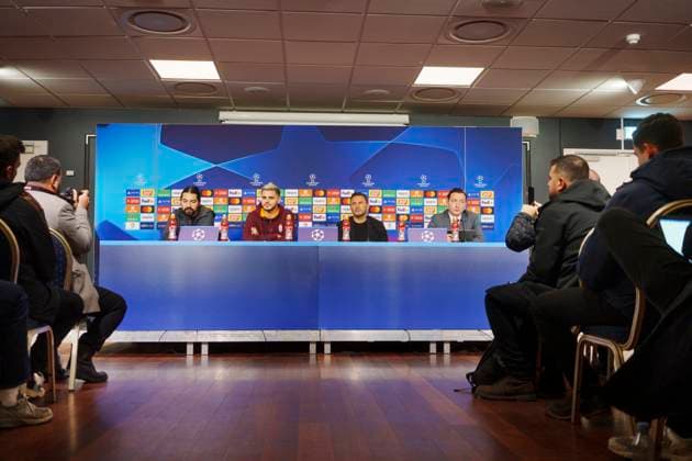 Galatasaray with head coach Okan Buruk (right) and Mauro Icardi give a press conference, PK, Pressekonferenz on Monday 11 December 2023 in Copenhagen. Galatasaray meets FC Copenhagen in the Champions League in the Park on Tuesday.. (Photo: Liselotte Sabroe Ritzau Scanpix) , Copenhagen Denmark