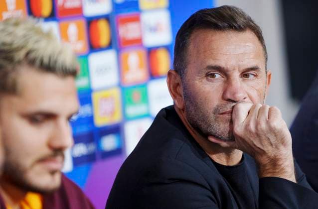 Galatasaray with head coach Okan Buruk (right) and Mauro Icardi give a press conference, PK, Pressekonferenz on Monday 11 December 2023 in Copenhagen. Galatasaray meets FC Copenhagen in the Champions League in the Park on Tuesday.. (Photo: Liselotte Sabroe Ritzau Scanpix) , Copenhagen Denmark