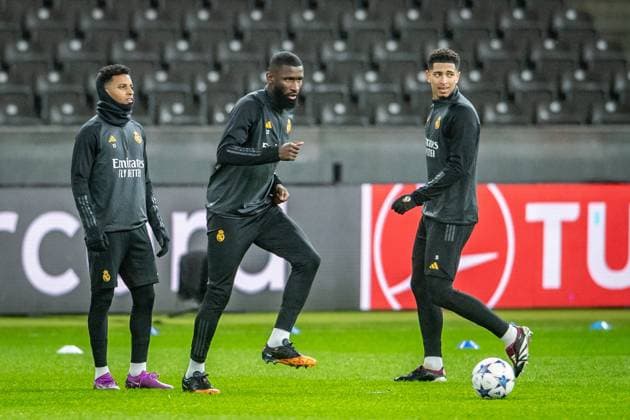 UEFA Champions League: Pressekonferenz und Training Real Madrid. Berlin, 11.12.2023 Rodrygo (Real Madrid, 11), Antonio Rüdiger (Real Madrid, 22), Jude Bellingham (Real Madrid, 5) UEFA Champions League: Pressekonferenz und Training Real Madrid vor dem Spiel 1. FC Union Berlin vs Real Madrid, Olympiastadion, Berlin, 11.12.2023 Copyright: xBEAUTIFULxSPORTS LucianoxLimax