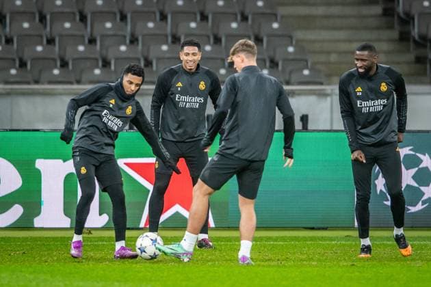 UEFA Champions League: Pressekonferenz und Training Real Madrid. Berlin, 11.12.2023 Rodrygo (Real Madrid, 11), Jude Bellingham (Real Madrid, 5) UEFA Champions League: Pressekonferenz und Training Real Madrid vor dem Spiel 1. FC Union Berlin vs Real Madrid, Olympiastadion, Berlin, 11.12.2023 Copyright: xBEAUTIFULxSPORTS LucianoxLimax