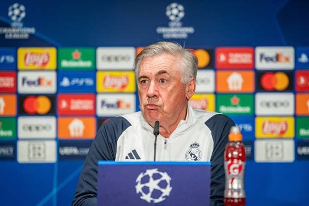 UEFA Champions League: Pressekonferenz und Training Real Madrid. Berlin, 11.12.2023 Carlo Ancelotti (Trainer Real Madrid) UEFA Champions League: Pressekonferenz und Training Real Madrid vor dem Spiel 1. FC Union Berlin vs Real Madrid, Olympiastadion, Berlin, 11.12.2023 Copyright: xBEAUTIFULxSPORTS LucianoxLimax