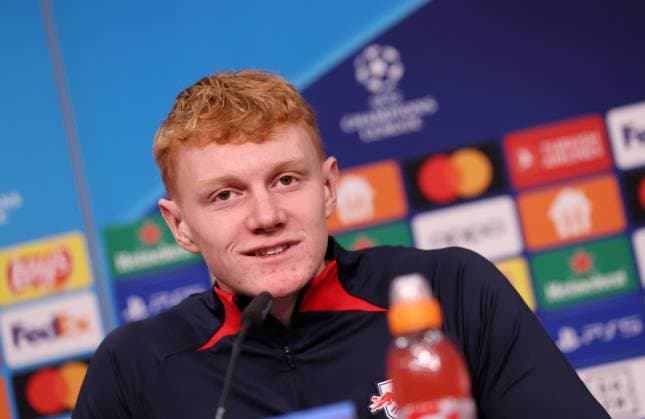 RB Leipzig PK Champions League Leipzig, 12.12.2023, RB Akademie, UEFA Champions League , RB Leipzig - Pressekonferenz am Vortag von RBL v. Young Boys Bern , Im Bild: Spieler Nicolas Seiwald (13, RB Leipzig) ,