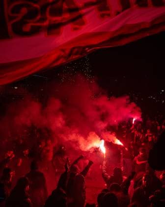 COPENHAGEN, DENMARK - DECEMBER 12: Galatasaray A.S fans set up flares in Copenhagen city centre before the UEFA Champions League match between F.C. Copenhagen and Galatasaray A.S. at Parken Stadium on December 12, 2023 in Copenhagen, D F.C. Copenhagen v Galatasaray A.S.: Group A - UEFA Champions League 2023 24 Copyright: xSebastianxFrejx