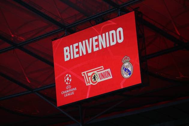 12.12.2023, xtgx, Fussball UEFA Champions League, Union Berlin - Real Madrid emspor, v.l. Symbolbild Champions League Union Berlin Anzeigetafel im Olympiastadion (DFL DFB REGULATIONS PROHIBIT ANY USE OF PHOTOGRAPHS as IMAGE SEQUENCES and or QUASI-VIDEO) Berlin