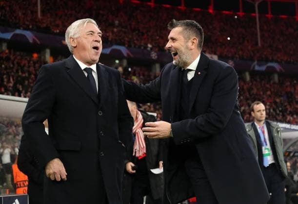 Trainer Carlo Ancelotti und Trainer Nenad Bjelica vor Spielbeginn Fußball Fussball UEFA Champions League UCL Herren 6.Spieltag Saison 2023 2024 12.12.2023 1.FC Union Berlin FCU vs Real Madrid Olympiastadion DFL regulations prohibit any use of photographs as image sequences and or quasi-video