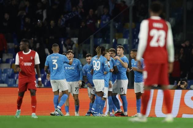 Champions League match SSC Napoli vs Braga Ssc napoli exults after the own goal of Braga s Turkish defender Serdar SaatcÄ± during the Uefa champions league match between SSC Napoli vs Braga at the Diego Armando Maradona Stadium in Naples, southern Italy, on December 12, 2023. ABPH5496 Copyright: xAntonioxBalascox