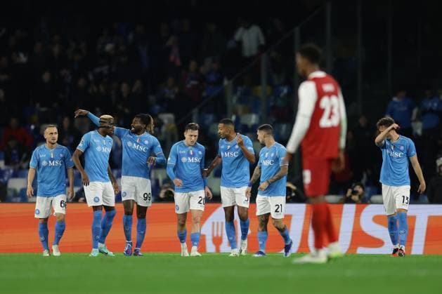 Ssc napoli exults after the own goal of Braga s Turkish defender Serdar Saatci during the Uefa champions league match between SSC Napoli vs Braga at the Diego Armando Maradona Stadium in Naples, southern Italy, on December 12, 2023.  Copyright: xAntonioxBalasco IPAxSportx xipa-x xx IPA_42175922 IPA_Agency_IPA42175922