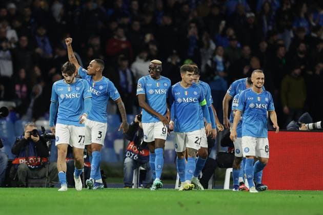 Champions League match SSC Napoli vs Braga SSC Napoli s Nigerian forward Victor Osimhen celebrates after scoring a goal during the Uefa champions league match between SSC Napoli vs Braga at the Diego Armando Maradona Stadium in Naples, southern Italy, on December 12, 2023. ABPH6321 Copyright: xAntonioxBalascox