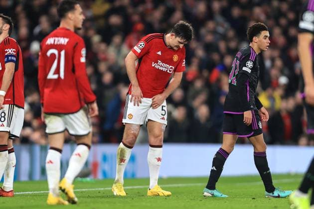 Football - UEFA Champions League - Group A - Manchester United, ManU v Bayern Munich 12th December 2023 - UEFA Champions League - Group A - Manchester United v Bayern Munich - Harry Maguire of Manchester United holds his groin after sustaining an injury - Photo: Simon Stacpoole Offside. Manchester UK Copyright: xSimonxStacpoolexOffside