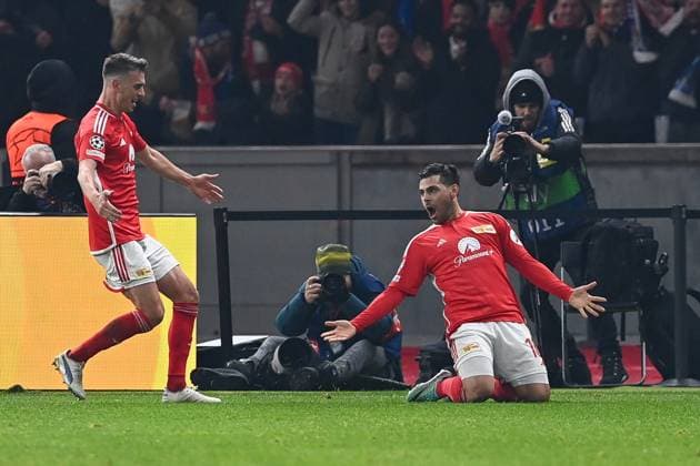 Fussball, Herren, Saison 2023 2024, UEFA Champions League (Gruppe C, 6. Spieltag), 1. FC Union Berlin - Real Madrid, v.l. Janik Haberer (1. FC Union Berlin) und Kevin Volland (1. FC Union Berlin) Torjubel, jubelt nach dem Tor zum 1:0 , 12.12. 2023, Copyright: xMatthiasxKochx