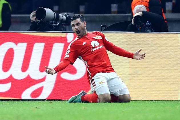 12.12.2023, xtgx, Fussball UEFA Champions League, Union Berlin - Real Madrid emspor, v.l. Torjubel nach dem Tor zum celebrating the goal celebrate 1:0 durch Kevin Volland (1. FC Union Berlin) (DFL DFB REGULATIONS PROHIBIT ANY USE OF PHOTOGRAPHS as IMAGE SEQUENCES and or QUASI-VIDEO) Berlin