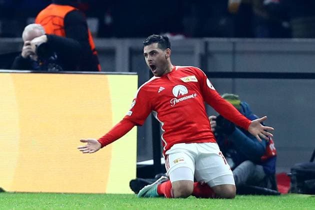 12.12.2023, xtgx, Fussball UEFA Champions League, Union Berlin - Real Madrid emspor, v.l. Torjubel nach dem Tor zum celebrating the goal celebrate 1:0 durch Kevin Volland (1. FC Union Berlin) (DFL DFB REGULATIONS PROHIBIT ANY USE OF PHOTOGRAPHS as IMAGE SEQUENCES and or QUASI-VIDEO) Berlin
