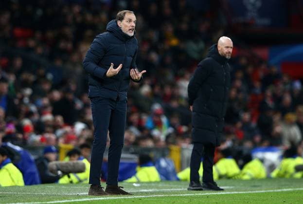 Bayern Munich manager Thomas Tuchel instructs his players from the sideline Manchester United, ManU v Bayern Munich, UEFA Champions League, Group A, Football, Old Trafford, Manchester, UK - 12 Dec 2023 EDITORIAL USE ONLY No use with unauthorised audio, video, data, fixture lists, club league logos or live services. Online in-match use limited to 120 images, no video emulation. No use in betting, games or single club league player publications. Copyright: xMattxWest Shutterstockx 14254194bd