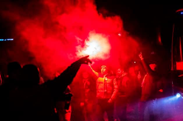 Fans from the Turkish club Galatasaray go on a fan march from Svanemoellen Station towards the Park on Tuesday 12 December 2023. Galatasaray meets FC Copenhagen on Tuesday in the Park in the group stage of the Champions League. (Photo: Martin Sylvest 2023) , Copenhagen Denmark Copyright: MartinxSylvest MartinxSylvestx COP15268 spdk20231212-203000-L