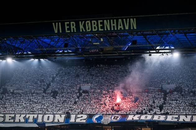 231212 Fans of FC Copenhagen celebrate after 1-0 during the UEFA Champions League football match between FC Copenhagen and Galatasaray on December 12, 2023 in Copenhagen. Photo: Petter Arvidson BILDBYRAN kod PA PA0704 fotboll football soccer fotball champions league fc copenhagen galatasaray bbeng publik pyroteknik Copyright: PETTERxARVIDSON BB231212PA091