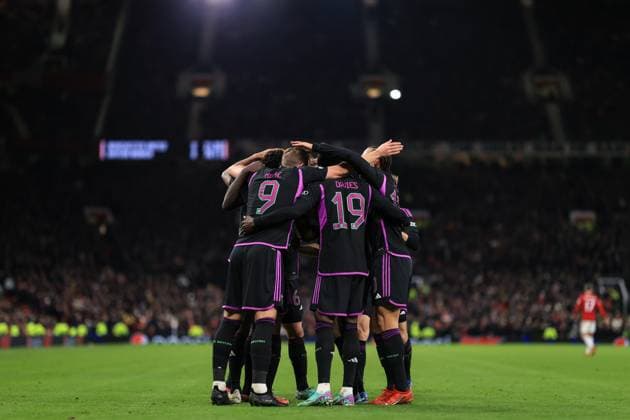 Football - UEFA Champions League - Group A - Manchester United, ManU v Bayern Munich 12th December 2023 - UEFA Champions League - Group A - Manchester United v Bayern Munich - Bayern Munich celebrate their first goal - Photo: Simon Stacpoole Offside. Manchester UK Copyright: xSimonxStacpoolexOffside
