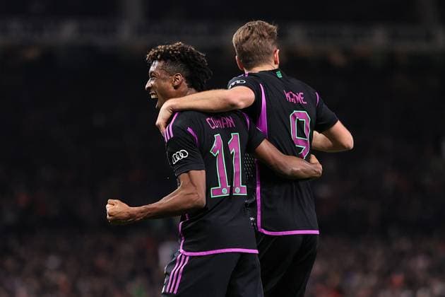 Football - UEFA Champions League - Group A - Manchester United, ManU v Bayern Munich 12th December 2023 - UEFA Champions League - Group A - Manchester United v Bayern Munich - Kingsley Coman of Bayern Munich celebrates scoring their first goal - Photo: Simon Stacpoole Offside. Manchester UK Copyright: xSimonxStacpoolexOffside